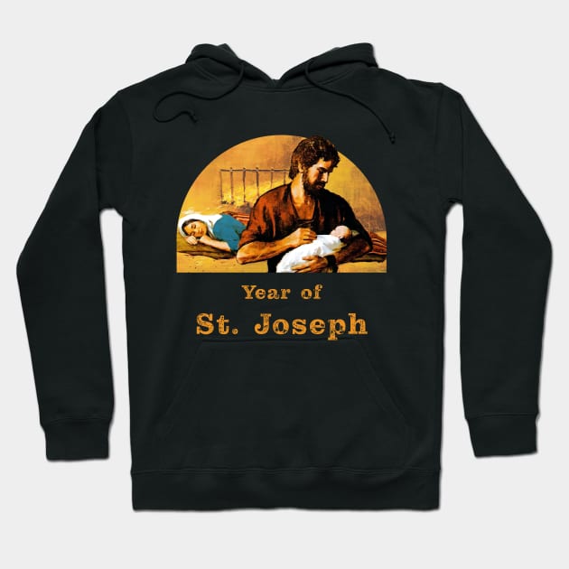 St. Joseph holds baby Jesus while Our Lady sleeps. Year of St. Joseph. Hoodie by Brasilia Catholic